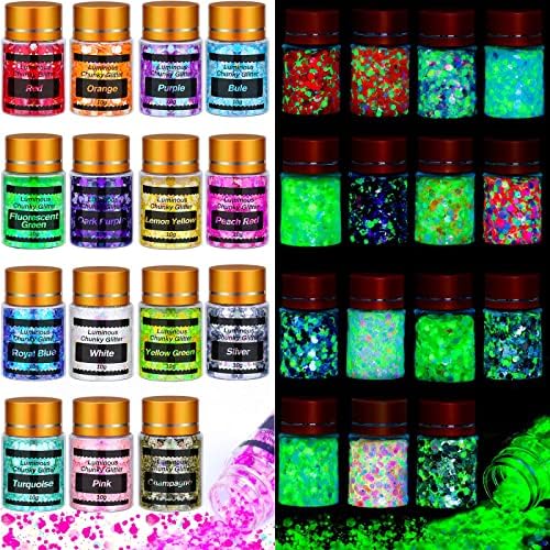 Glow in The Dark Chunky Glitter for Nails, Cridoz 15 Colors High Luminous Glitter Cosmetic Eyeshadow Loose Glow Glitter for Halloween Festival Body Eye Face Hair and Resin (150 Grams)