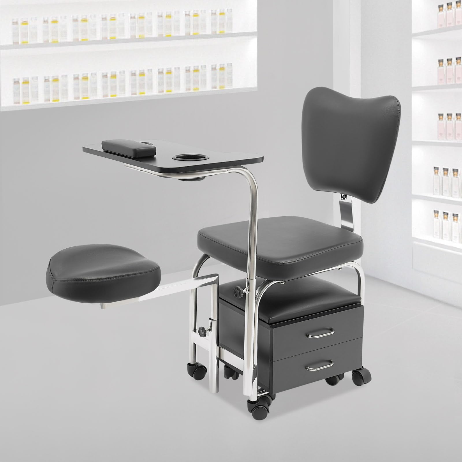 Sedia per manicure pedicure con altezza regolabile, tavolo per unghie da parrucchiere, sgabello da massaggio con 8 ruote, 2 cassetti, armadietto per salone di unghie (nero)