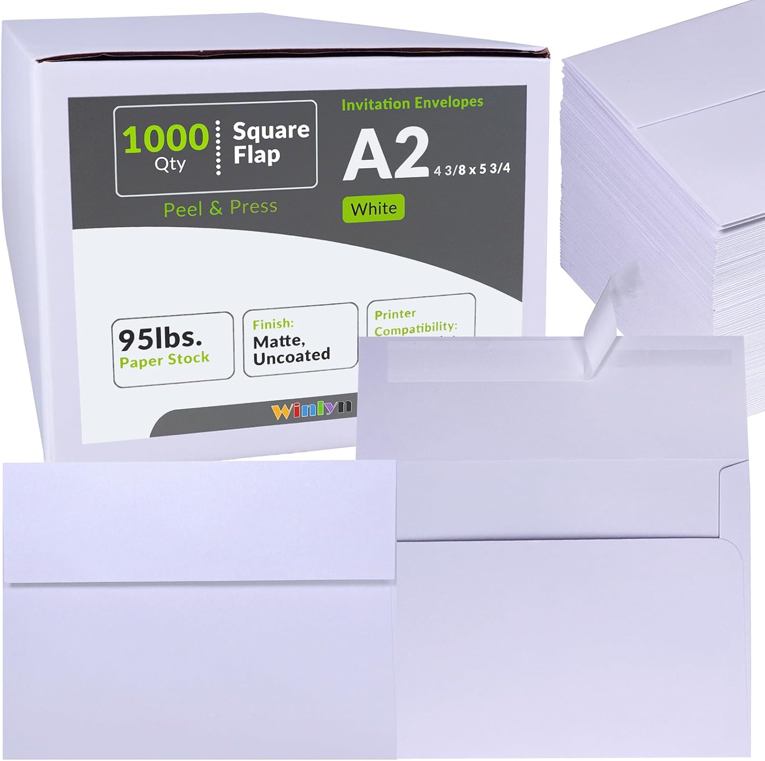 Winlyn 1000 Pcs Bulk A2 Invitation Envelopes in White Peel