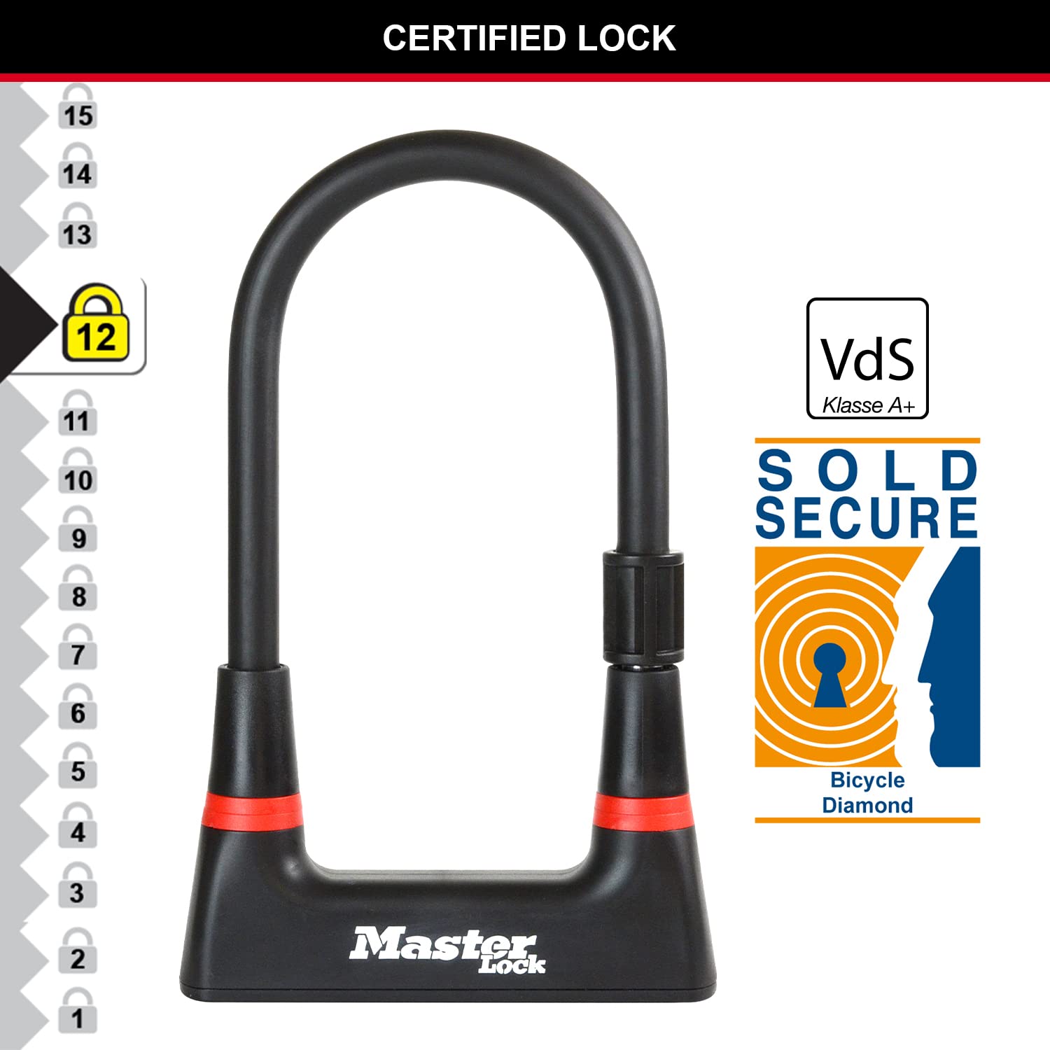 Master Lock Catena Bici U, Chiave, Supporto per il Trasporto, Certificato Antifurto, 8279EURDPRO, Da utilizzare con bici elettriche, da montagna, da strada, pieghevoli