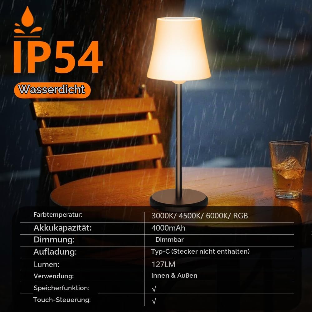 LED Tischlampe Kabellos 2 Stück Akku Tischleuchte Touch mit 3 Farbtemperaturen + RGB Stufenlos Dimmbar USB-C Aufladbar IP54 Wasserdicht für Schlafzimmer Outdoor Restaurant Indoor Balkon Bar