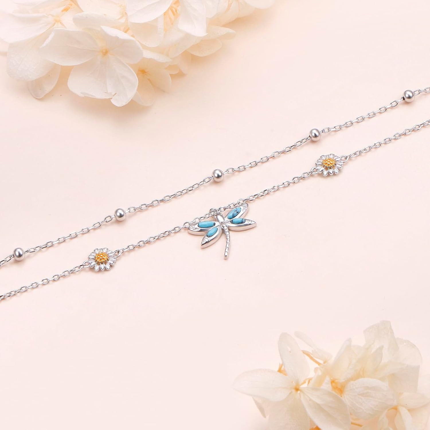 925 Sterling Silver Layered Anklet Lotus Flower/Dragonfly/Butterfly/Sea Turtle Animals Floral Anklets Adjustable Chain Bead Jewelry For Women Daughter - Image 3