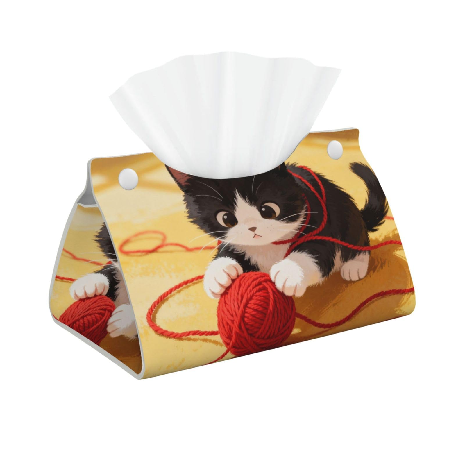 Cat Yarn Ball Long Leather Tissue Box Cover-Waterproof PU Leather Tissue Holder for Bathroom, Decorative Rectangular Tissue Case