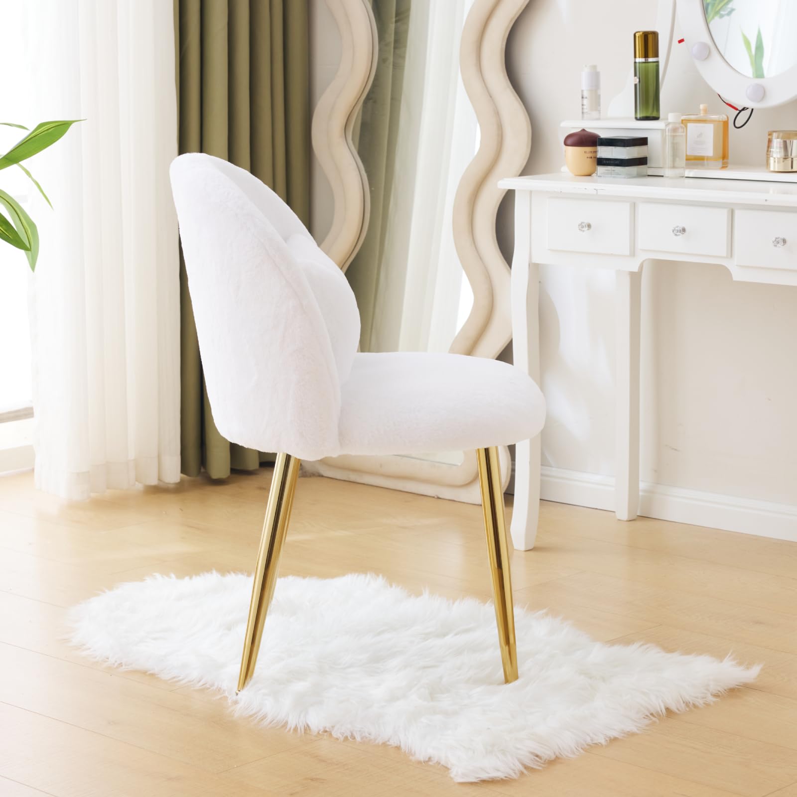 Fauteuil Salon, Chaise Coiffeuse, Fauteuil Chambre, Blanc | avec Coussin Pieds en Métal, Fausse Fourrure de Lapin