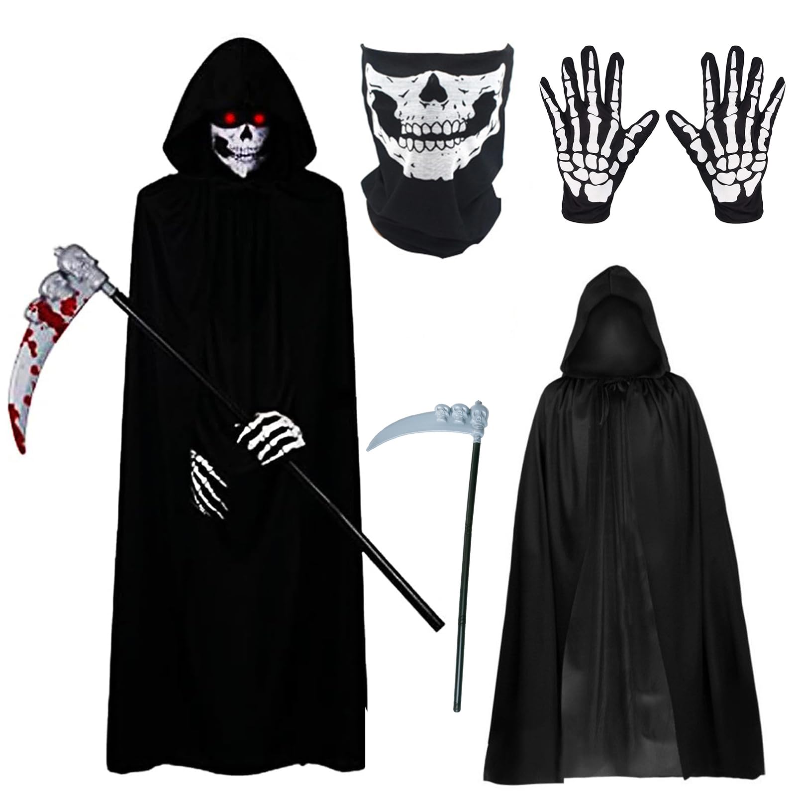 Disfraz de la Muerte Adultos,Capa Negra con Capucha Guadaña Guadaña Máscara Calavera Guantes Esqueleto Disfraz Halloween Pareja Adultos Hombre Mujer