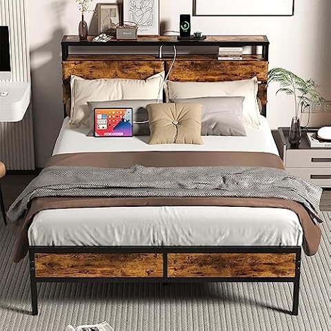 Pliwier Full Size Bed Frame with Charging Station, Platform Bed with 2-Tier Storage Headboard, Strong Support Legs, Noise-Free, No Box Spring Needed, Easy Assembly (Full Size - Upgrade) Cover