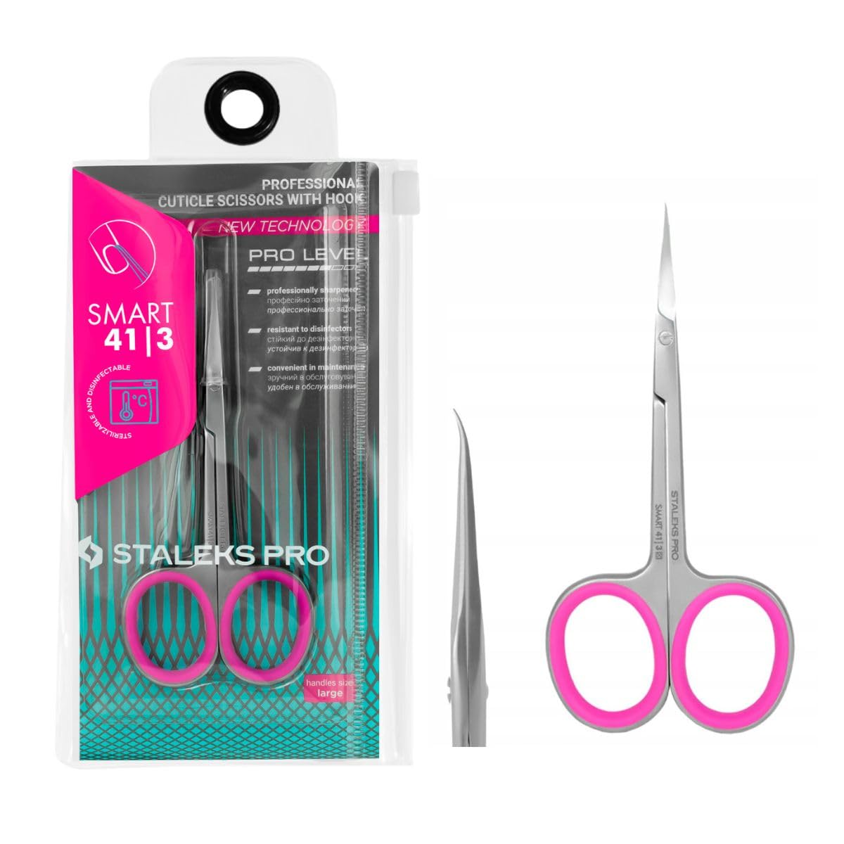 STALEKS PRO Tijera profesional para cutículas con punta de gancho. Anillos ergonómicos con siliconas desmontables. Acero inoxidable. Smart SS-41/3