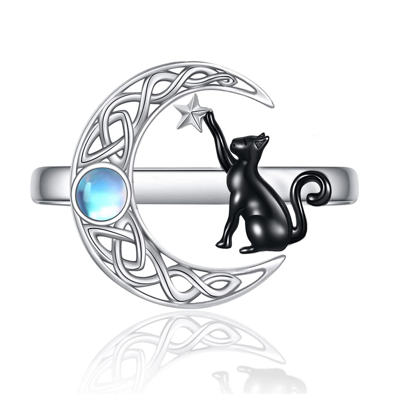 POPLYKE Bague ouverte en argent sterling 925 - Motif lune celtique - Chat noir - Pour femme et fille - Cadeau d'anniversaire chat, Argent sterling