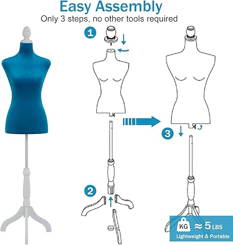Miniatura 7 de Cuerpo de maniquí, cuerpo de maniquí de torso femenino con altura ajustable, soporte de trípode de madera para costureras, vestido de vestir,