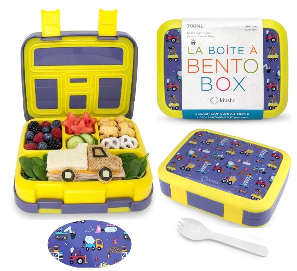 kinsho Bento Lunch Box Container for Small Kids Boys, Blue Yellow Trucks