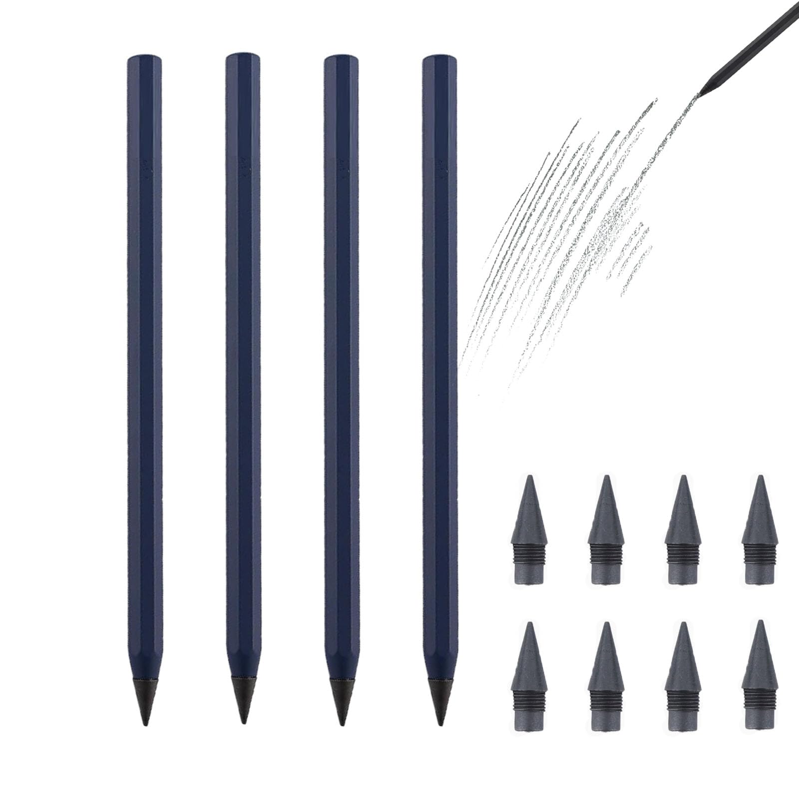 everpen Forever Pencil,Metal Infinity Pencil with Replaceable Nib, Metal Alloy Writing Instrument, With 12 Colored Refill Tips, Pencils for Drawing, Sketching and Writing (4pcs-Dark Blue)