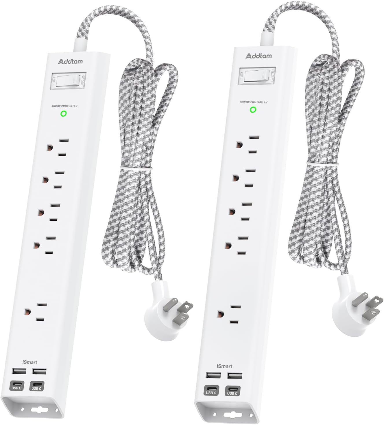 10Ft Surge Protector Power Strip - Long Extension Cord, Addtam 5 Widely Outlets 4 USB Ports, Flat Plug, Multi Plug Outlet Extender, Desk Charging Station for Home Office College Dorm Room Essentials