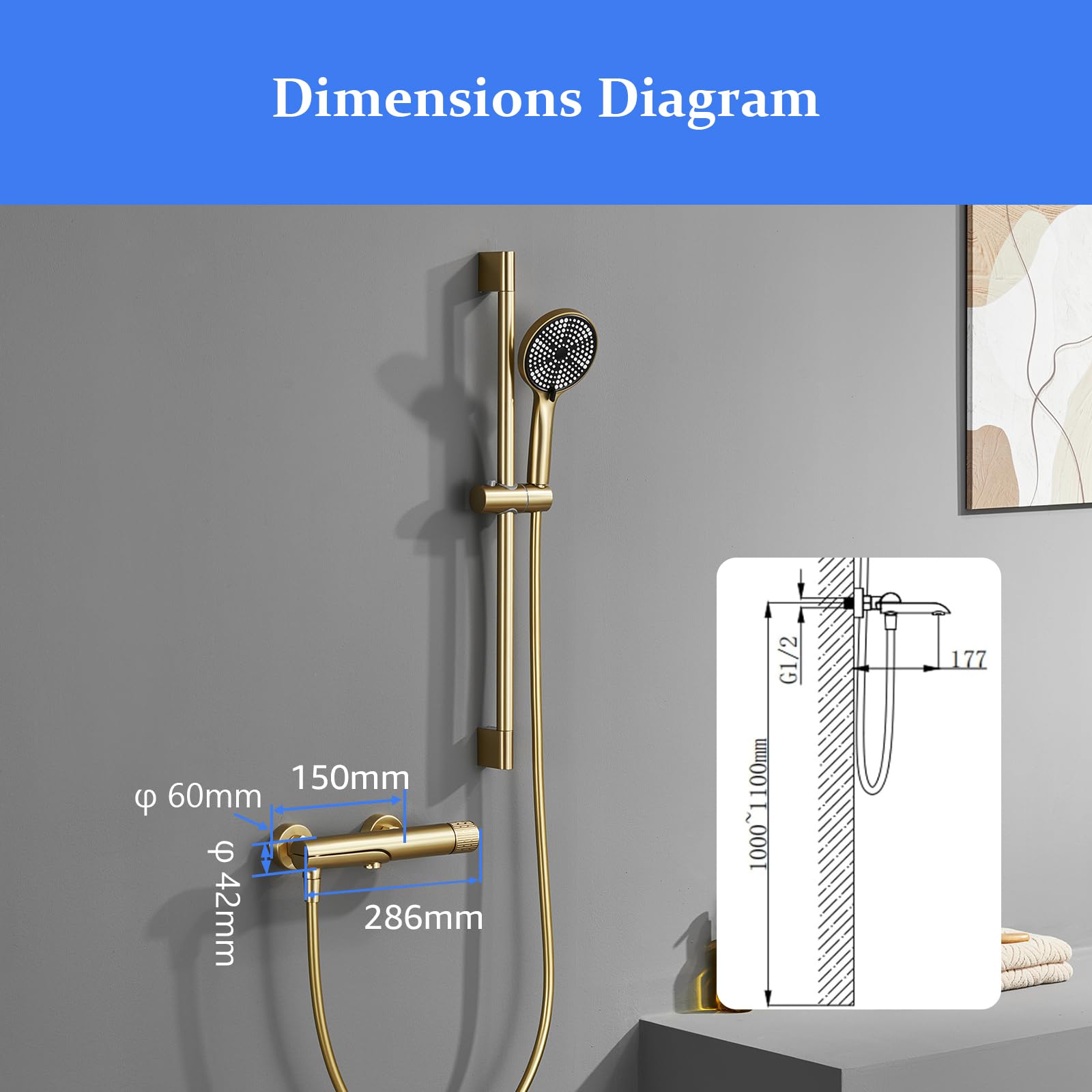 Badewannenarmatur Mit Handbrause, 90° Drehbaren Auslauf | Badewannenarmatur Gold, Badewanne Armatur aus Messing, Inkl 3 Funktionen Handbrause, 150cm Brauseschlauch