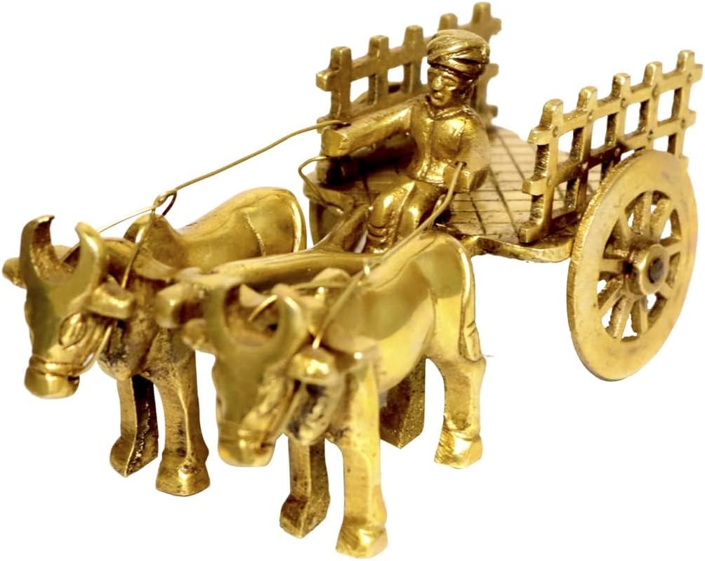 Brass Metal Vintage Bullock Cart with Double Bull with Open Jaali Decorative Showpiece| Home Decor