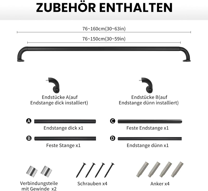 Qlfyuu fekete fém függönykarnis 76-150 cm, 25 mm átmérő, szobához és nappaliba