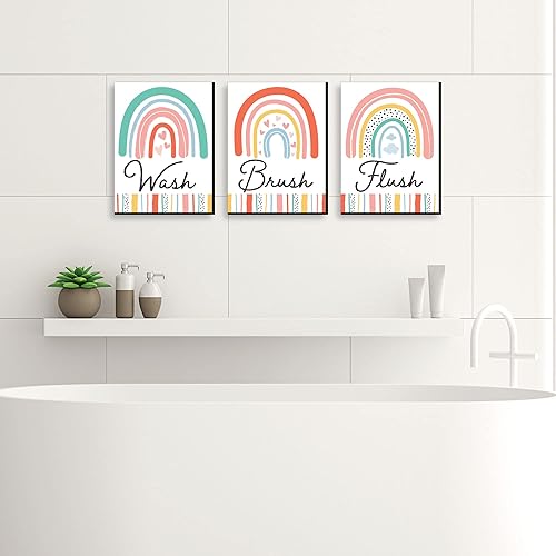 Miniatura 2 de Big Dot of Happiness Hello Rainbow - Arte de pared bohemio con reglas de baño para niños, 7.5 x 10 pulgadas, juego de 3 letreros, lavado, cepillo,