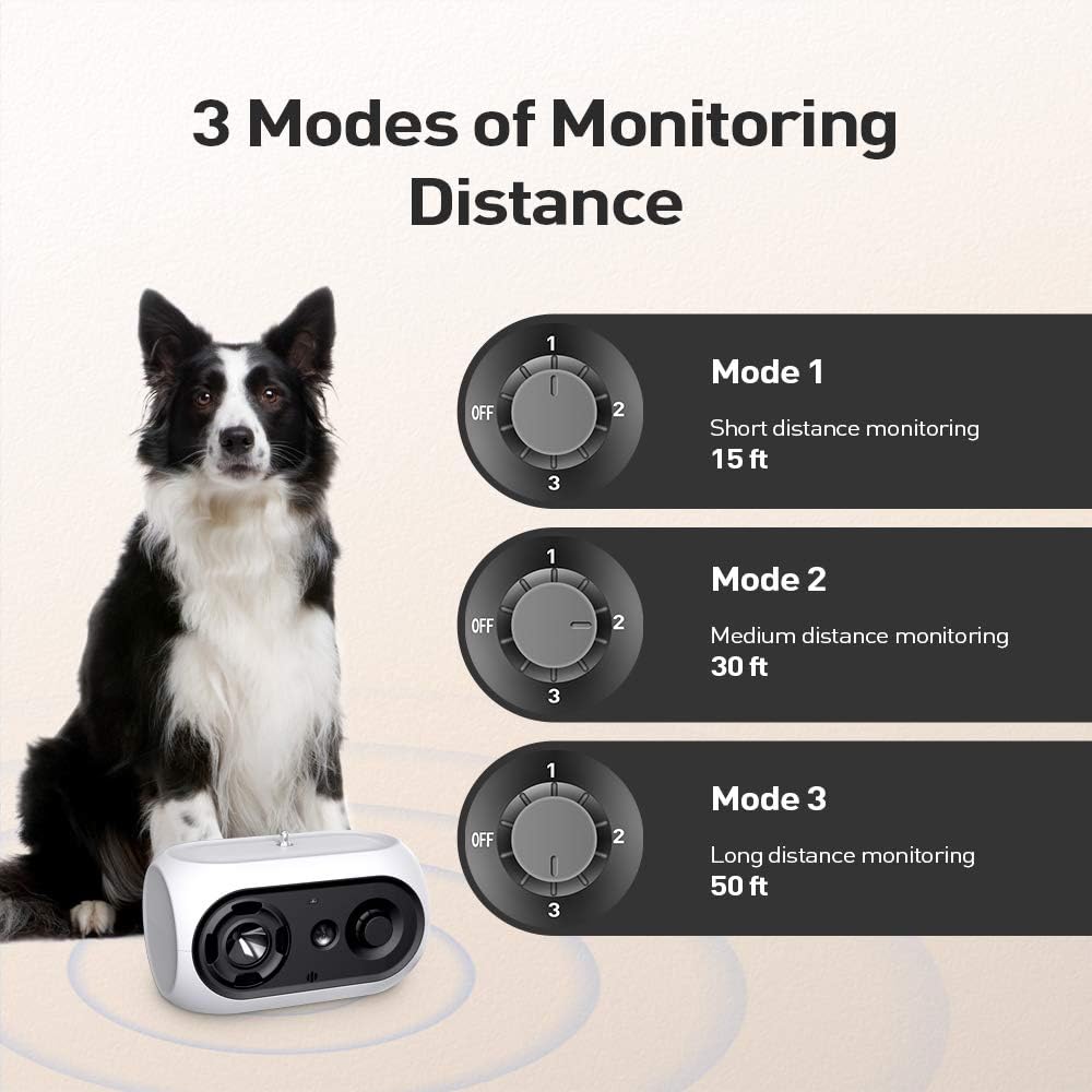 ULPEAK Queenmew Bark Control Device with a dog, illustrating the three monitoring distance modes: Mode 1 (15 ft), Mode 2 (30 ft), and Mode 3 (50 ft).