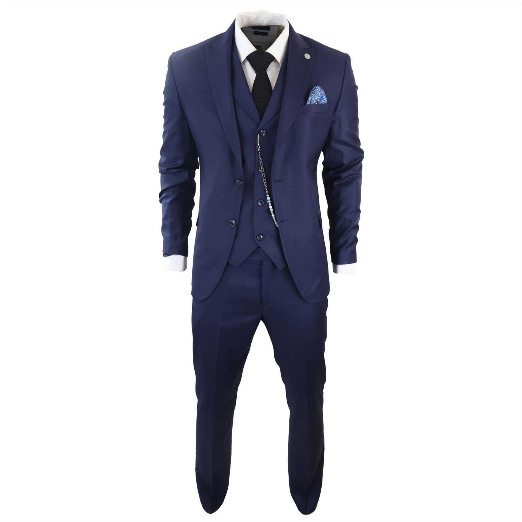 Mens Classic 3 Piece Suit Navy Blue Pocket Chain Wedding Tailored Fit Vintage Formal - Navy 48