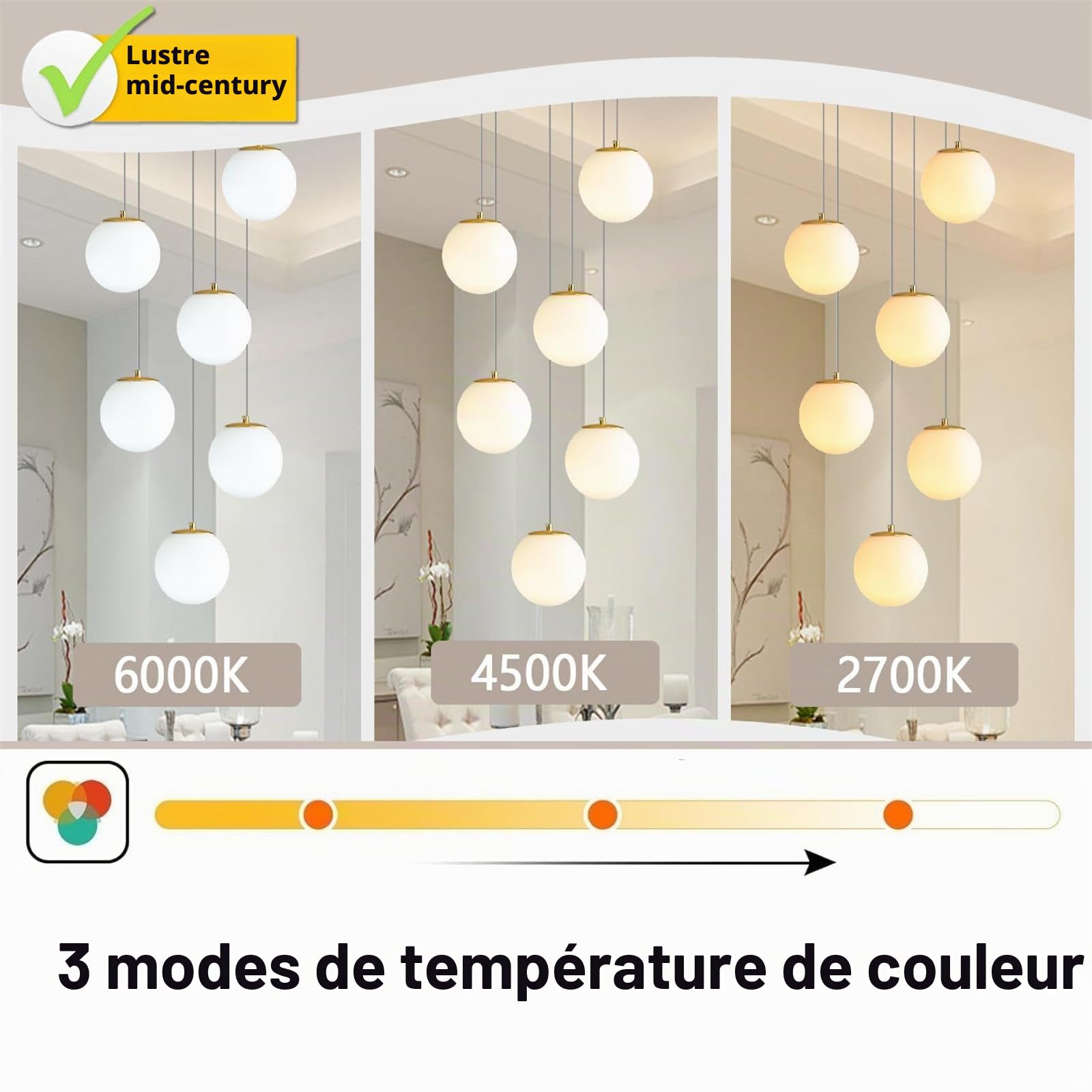 Lustre Moderne à 6 lumières en Forme de Globe, luminaire Suspendu Haut de Plafond, Boule en Verre Blanc, éclairage Suspendu pour Salon, escalier, entrée, Salle à Manger, Cuisine