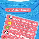 lavadora planchado facil 【50 ETIQUETAS PERSONALIZADAS】 Pack de 50 pegatinas adhesivas para planchar en la ropa. Etiquetas de colores con nombre y diseño personalizado. Hay 100 iconos diferentes para elegir, elige el que más le guste a tus hijos: cohete, princesa, balón de fútbol, ​​dinosaurio, ...