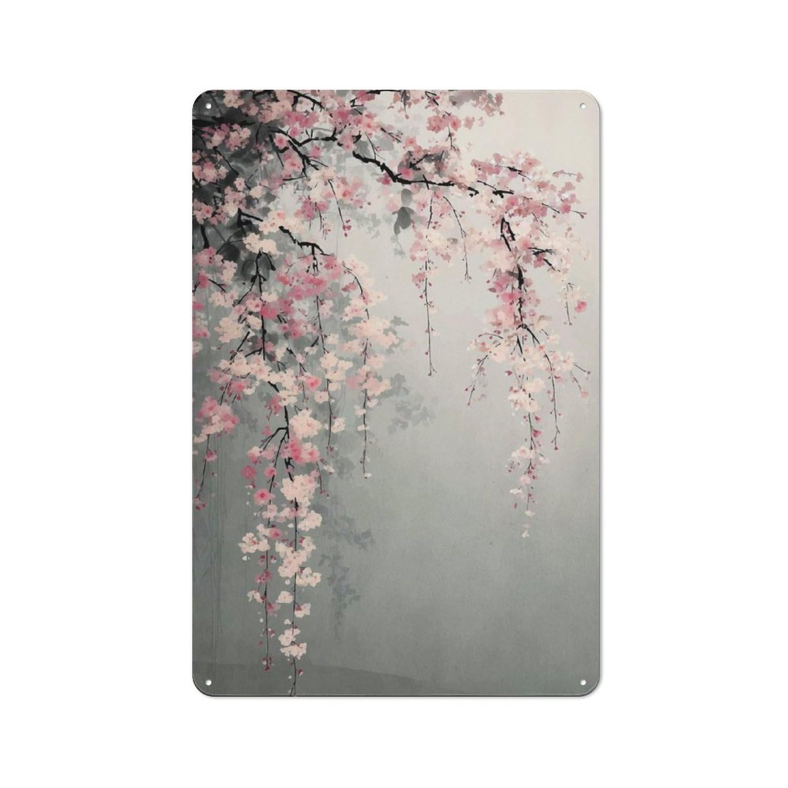 Retro Metal Plaque 30x20cm Featuring Cherry Blossom Branch Painting, Bistro Wall Plaque for Bakery, Diner, Cafe Or Family Room