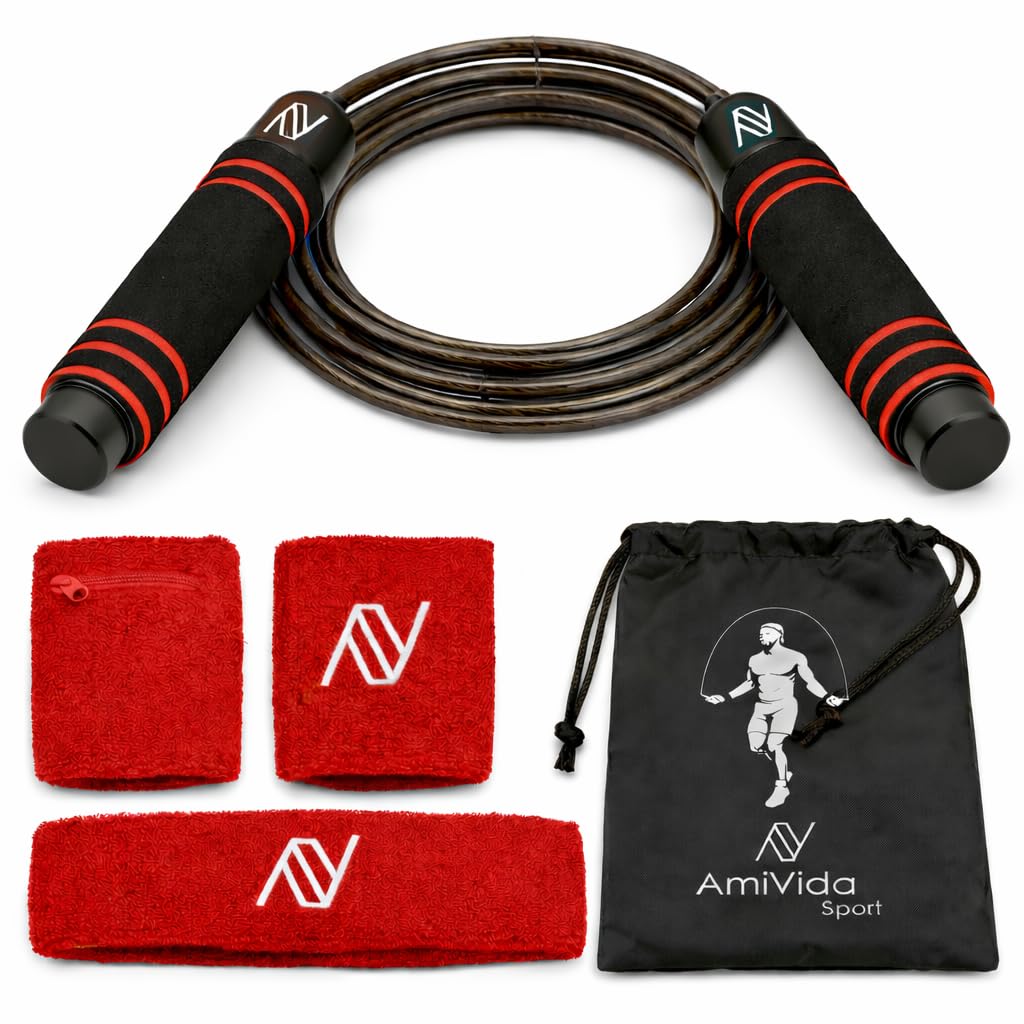 AmiVida Skipping Rope โ Women's Fitness Kit with Wristbands with Pocket, Hairband and Personalised Carry Bag