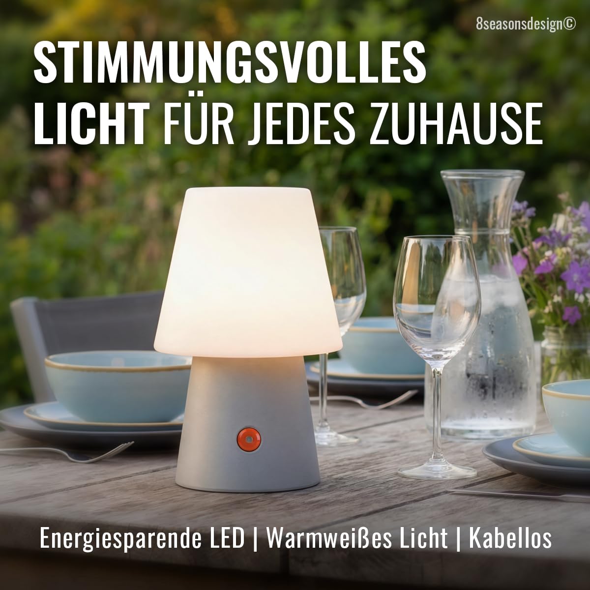 8 seasons design Akku Tischlampe, Outdoor geeignet - No. 1 30 cm, grau, kabellos - LED warmweiß - 3- stufig dimmbar, aufladbar über USB - Tischleuchte für außen (Garten, Balkon) und innen
