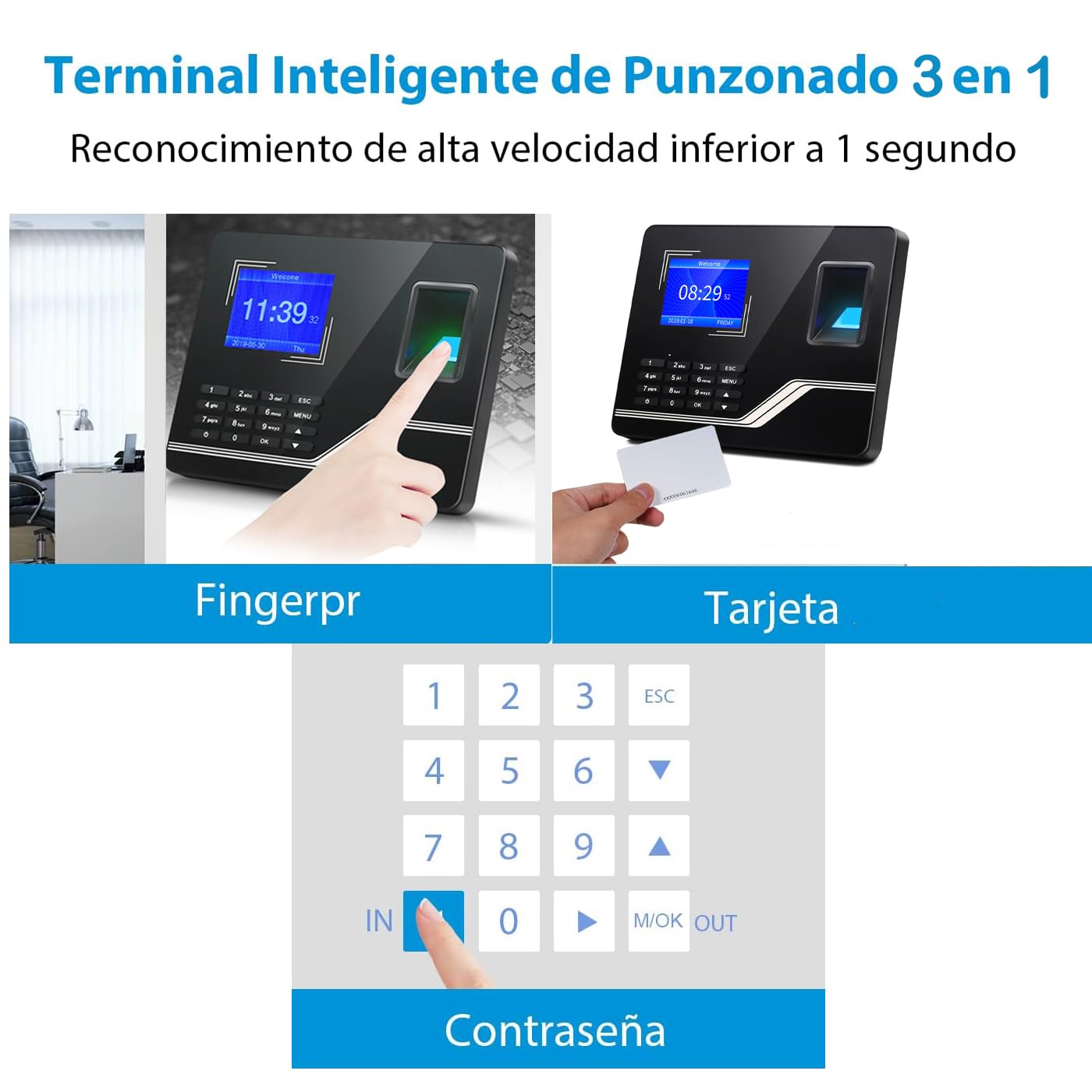 Aktivstar Maquina Asistencia Empleados de Fichar Máquina de Fichaje Biométrica para Empleados con Huella Dactilar, RFID y Pin, Sistema en Español para Control de Horario Sin Cuotas Mensuales