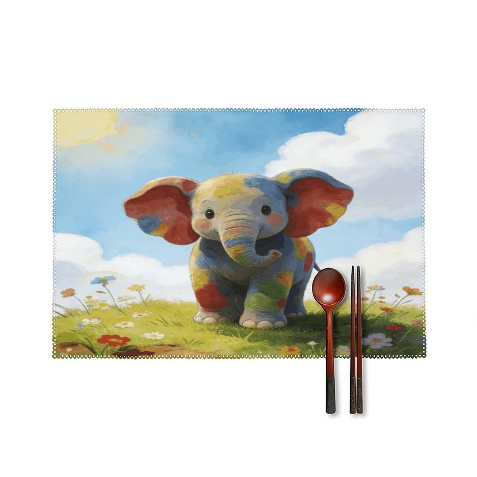 Khauerbc Style Colorful Baby Elephant Placemats Set Of 6,Decorating The Dining Table，Canvas Washable Table Mats，Wipe Clean Anti Slip Dining Table Place Mats For Party Kitchen Dining Decoration