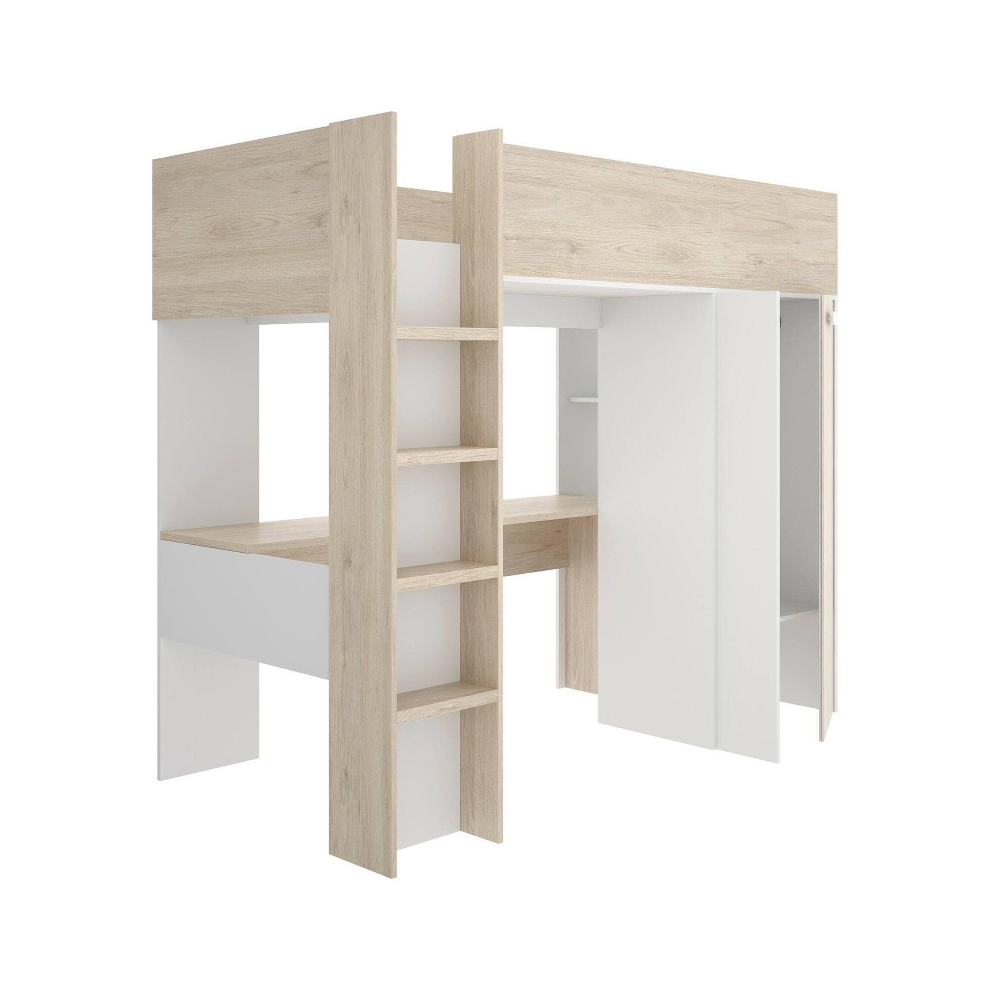 Dmora - Composizione camera da letto Focoletta, Stanza da letto completa, Cameretta per bambini, Set per arredo a ponte, 206x111 h178 cm, Bianco e Rovere