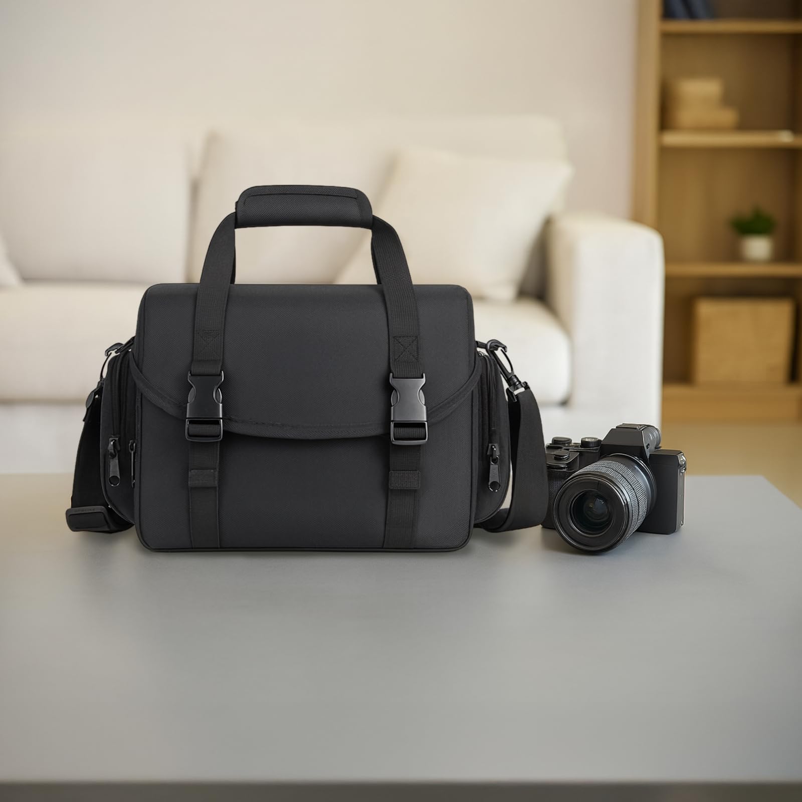 Bolsa para cámara con separadores ajustables, mochila de nailon impermeable de un solo hombro, se adapta a 1 cámara DSLR y 2 lentes, múltiples bolsillos de almacenamiento para accesorios