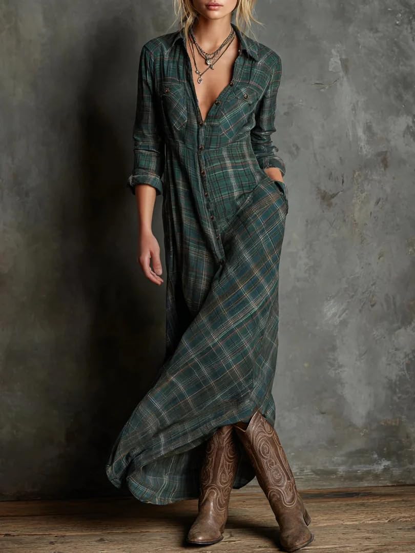cffvdiz Robe-Chemise Boutonnée pour Femmes Manches Longues Col À Revers Imprimé À Carreaux Robe Maxi Style Campagne