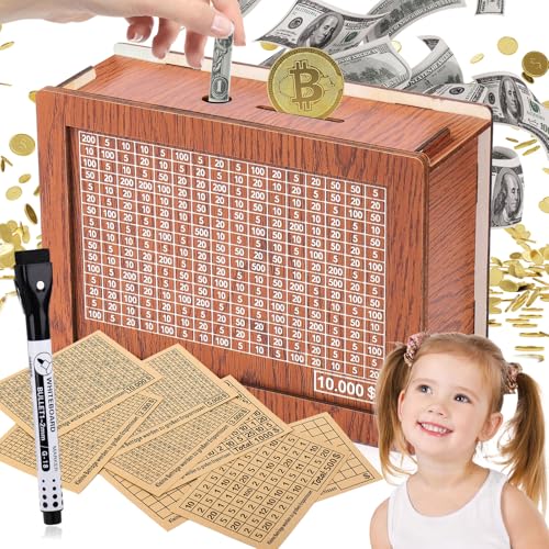 Palksky Money Saving Box, Wooden Cash Vault for Kids and Adults, Reusable Money Box with Countdown and Money Target, Challenges Cash Saving Box Storage Money with Counter, Best Gift for Boys, Girls