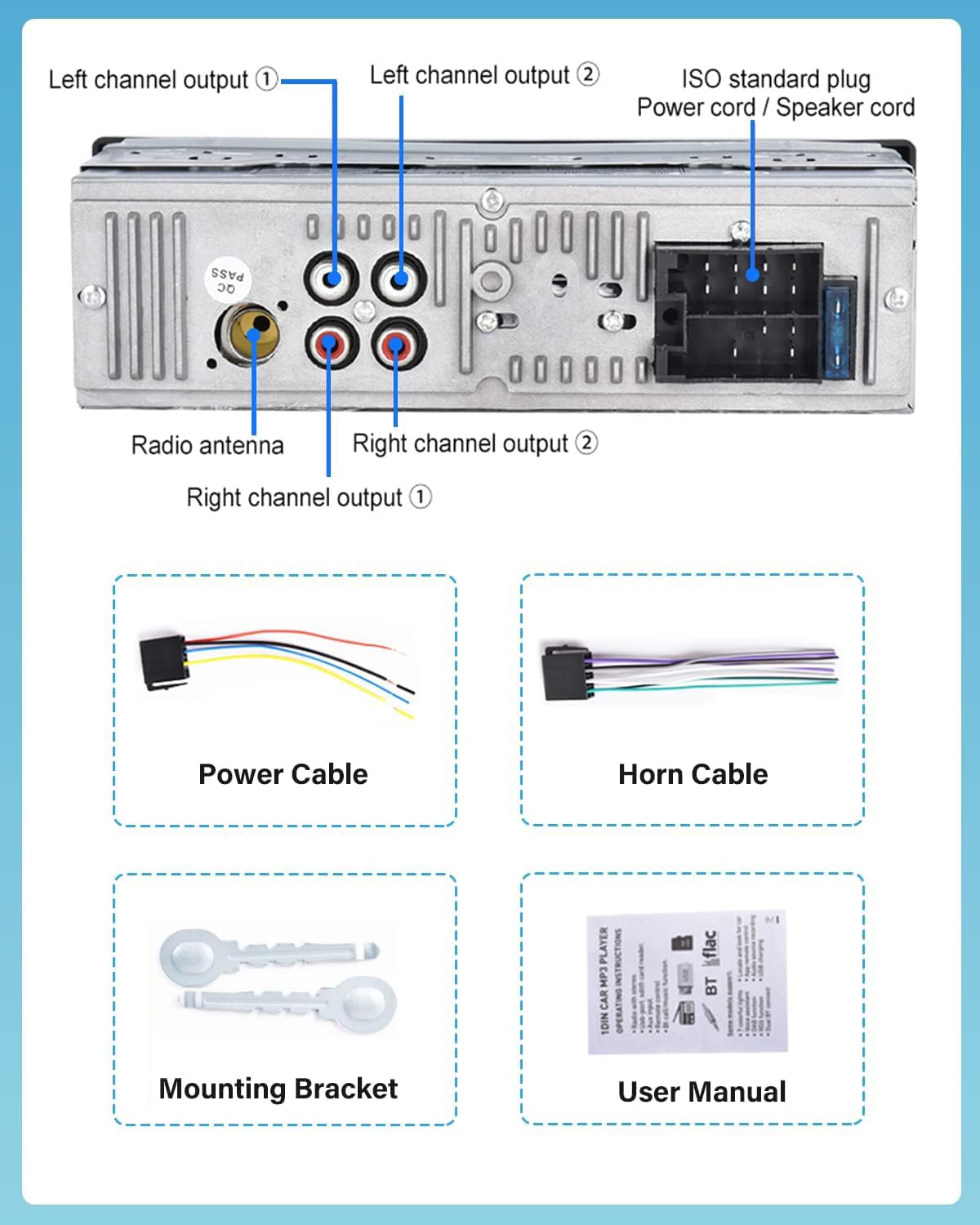 Hikity 1Din Autoradio mit Bluetooth Freisprecheinrichtung, Dualer BT Anschluss, MP3/FM Player mit SD/AUX/2USB und Fernbedienung/7 Farben, 4x60W Verstärker