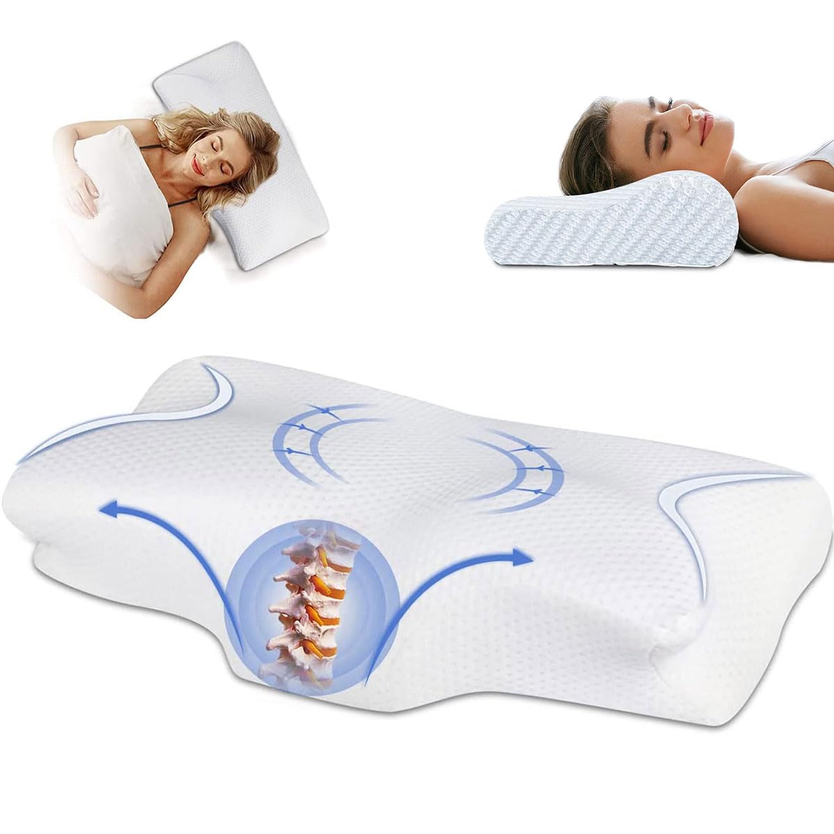 Memory Foam Pillow Patented Ergonomic Contour Cervical Bed Pillowcase Orthopedic Neck Support Cushion for Neck & Shoulder Pain Relief Indoor Home Bedroom Living Room Office Side Back Stomach Sleepers