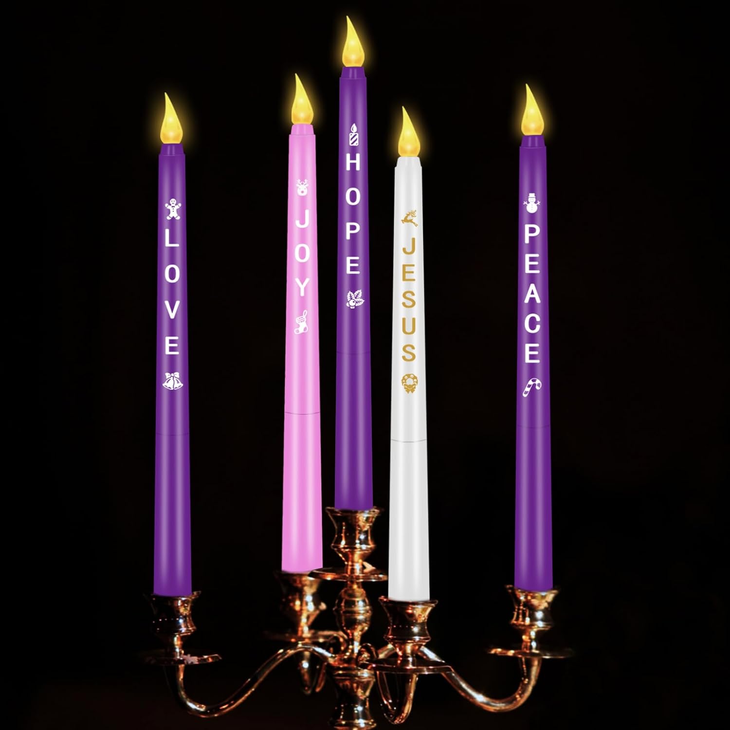 RGQSUN LEDs Flameless Advent Candles Sets of 5 Christmas Advent Candles Battery Operated Flickering Flameless Taper Candle for Christmas Wreath Advent Decor(Battery is not Included)