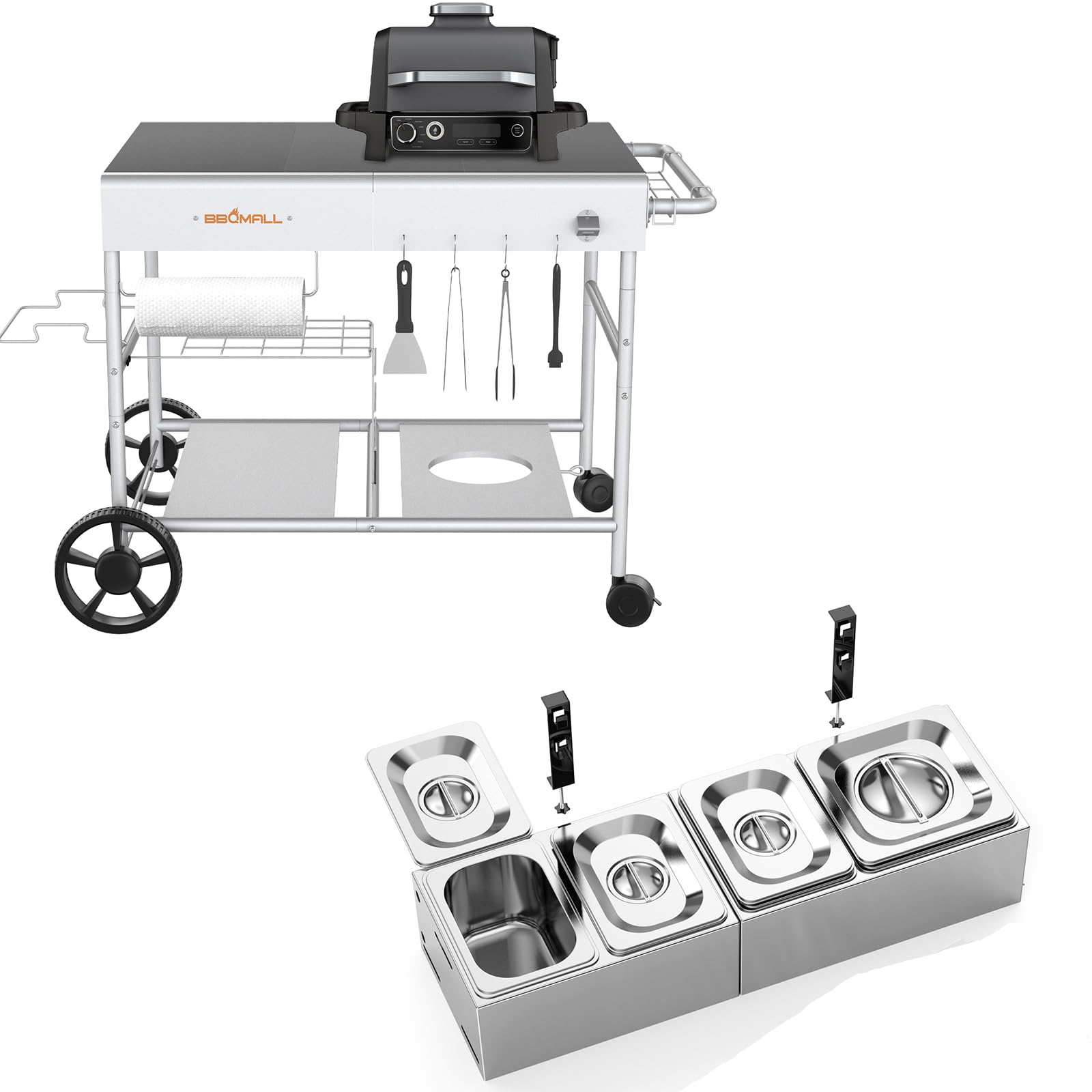 Pizza Oven Cart Table and Food Containers for Ooni Koda/Karu/Fyra 16 & 12, Movable Thicken & Widen Rolling Kitchen Cart, Outdoor Grill Stand