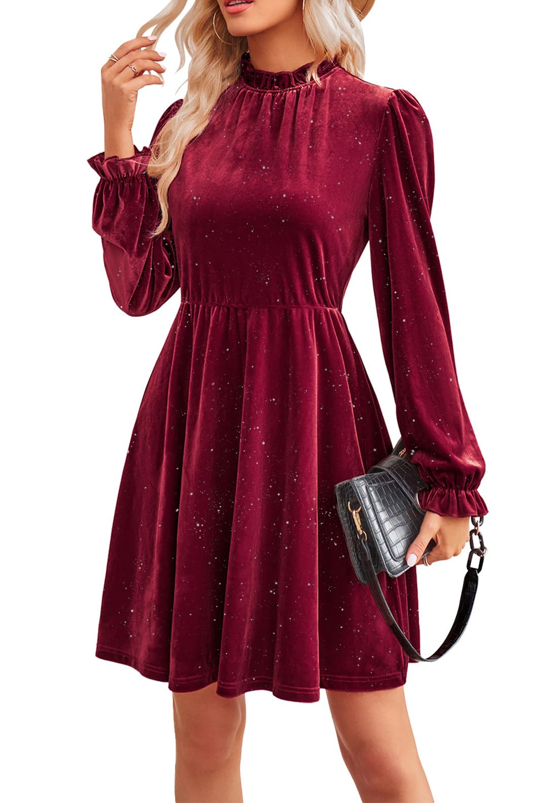 JayscreateEU Damen Smatkleid Kleid Damen A-Linie Hohe Taille Herbstkleid winterkleid Kurzkleid Elegant Partykleid Knielang Kleider Damen Festlich Kleid Langarm Damen Weihnachtskleid Damen