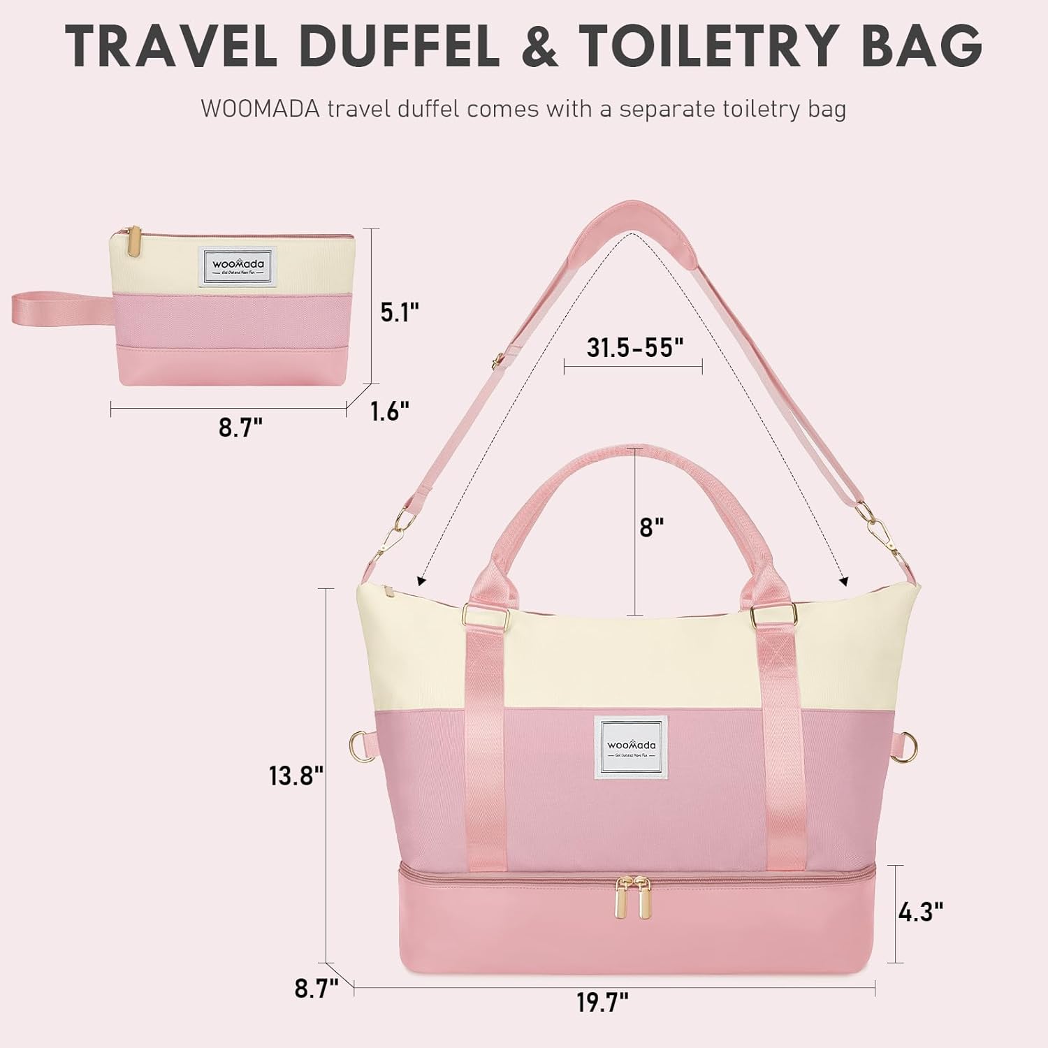 WOOMADA Weekender Bags for Women, Carry On Overnight Bag with Toiletry Bag, Personal Item Travel Duffel for Travel, Sports, Hospital(Beige&Pink) - Image 2