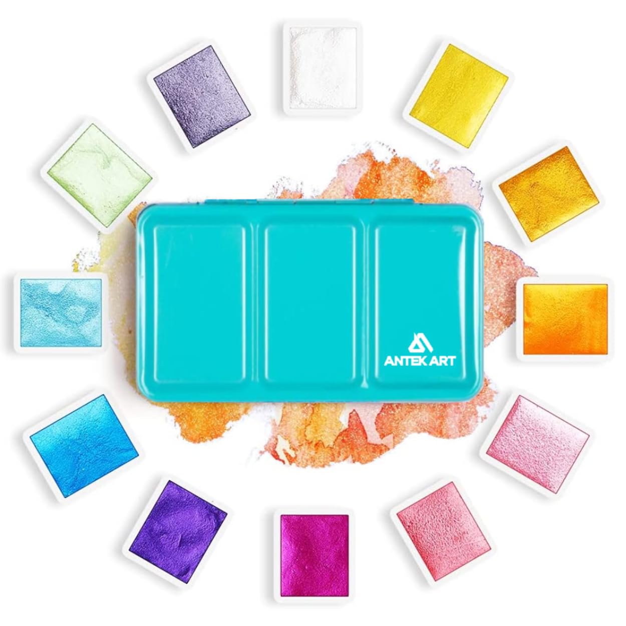 ANTEK ART Acuarelas Metalizadas, Juego de Pinturas de Acuarela Metalicas Brillantes Profesional en Estuche de Metal Portátil con Paleta, para Artistas, Pintores (12 Colores)