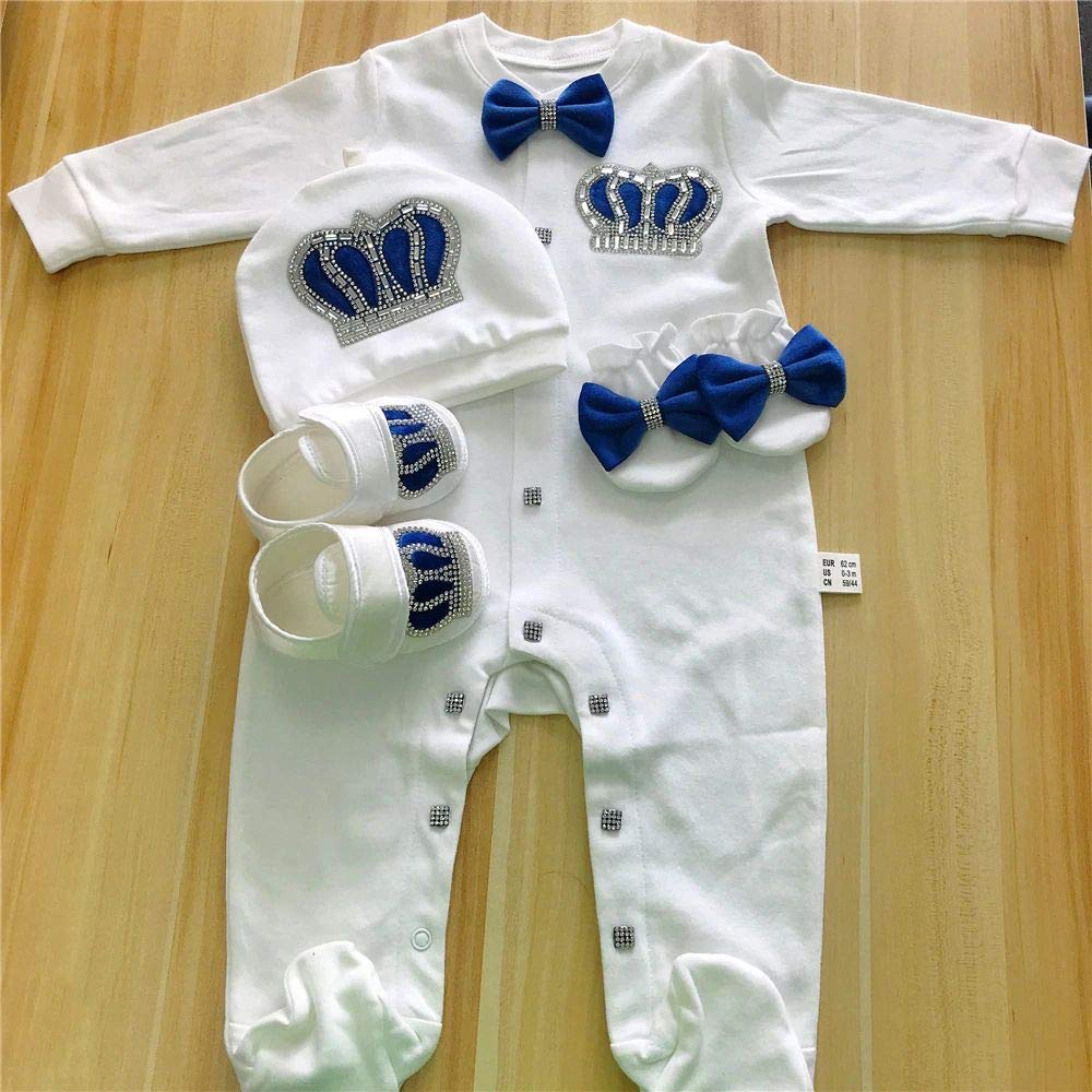Juego de 4 piezas de pelele con patucos, guantes y gorro para bebé, con cristales brillantes, turquesa, 0- 3 meses
