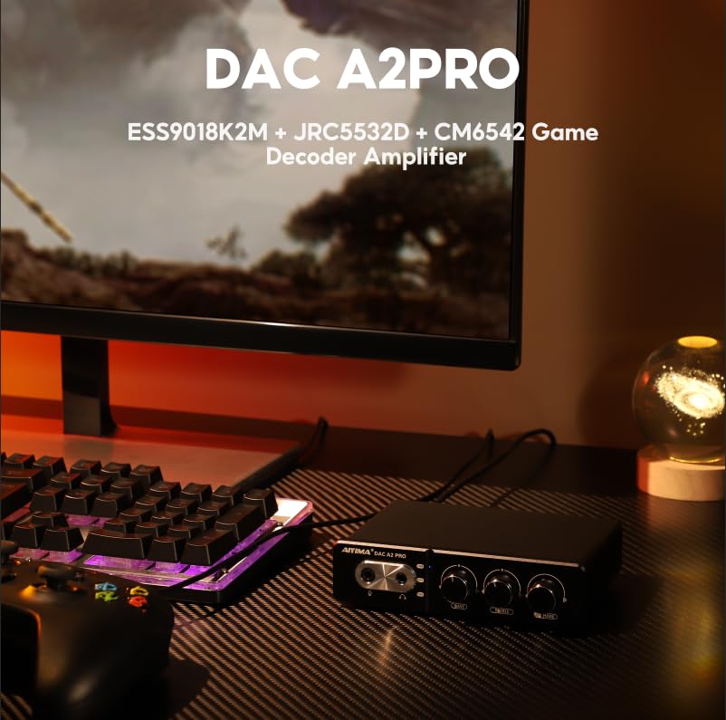AIYIMA DAC-A2 PRO Gaming DAC Headphone Amplifier USB HUB Mini Decoder 24Bit 96Khz Coaxial/Optical/Type-C/MIC Input for Desktop Gaming Headset/MP3/PS5/Smartphone etc and 3.5mm AUX Output (Black)