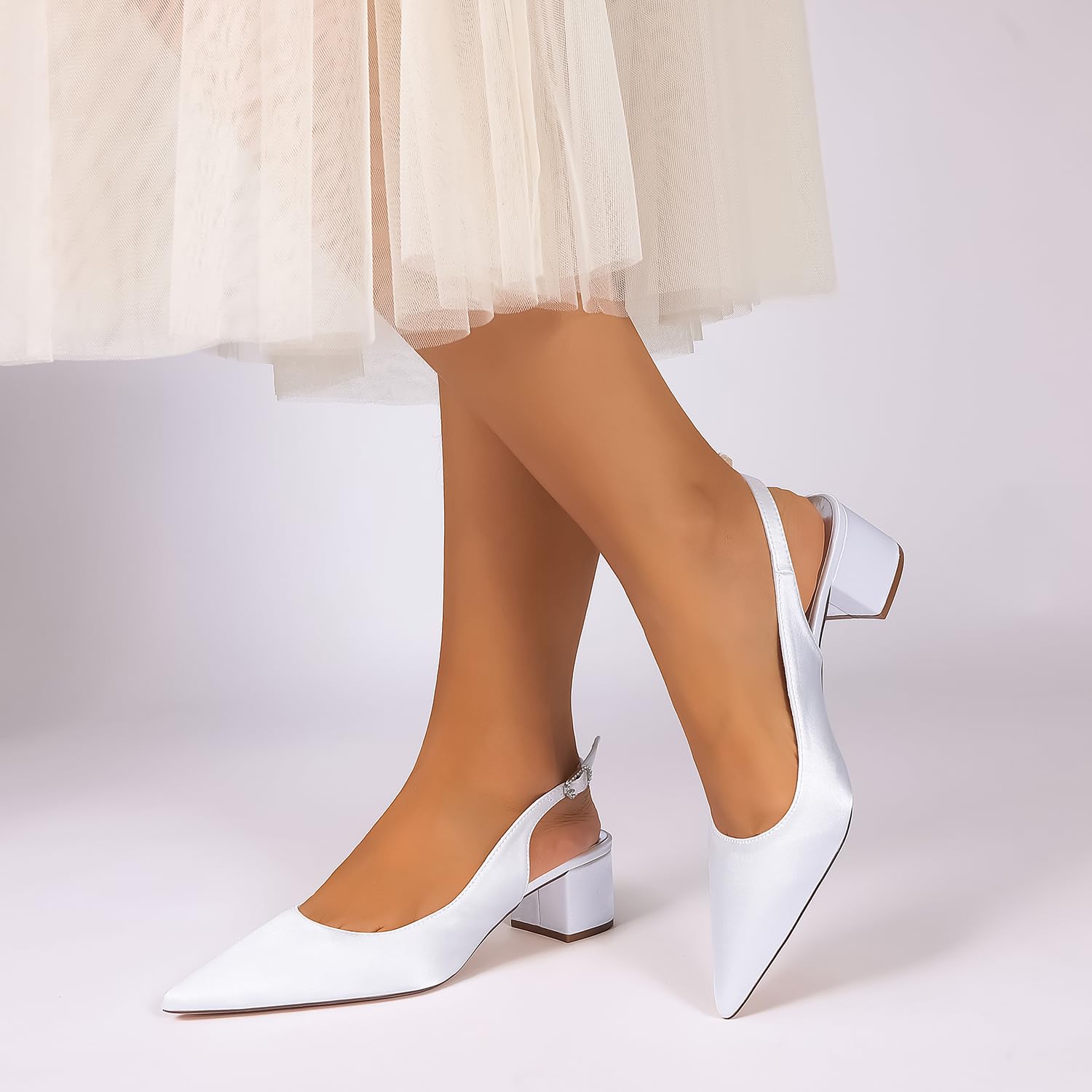 Generico Scarpe Donna in Raso Slingback con Tacco Largo 4,5Cm Punta Stretta, Scarpe Comode per Matrimonio, Ufficio, Serate E Uso Quotidiano