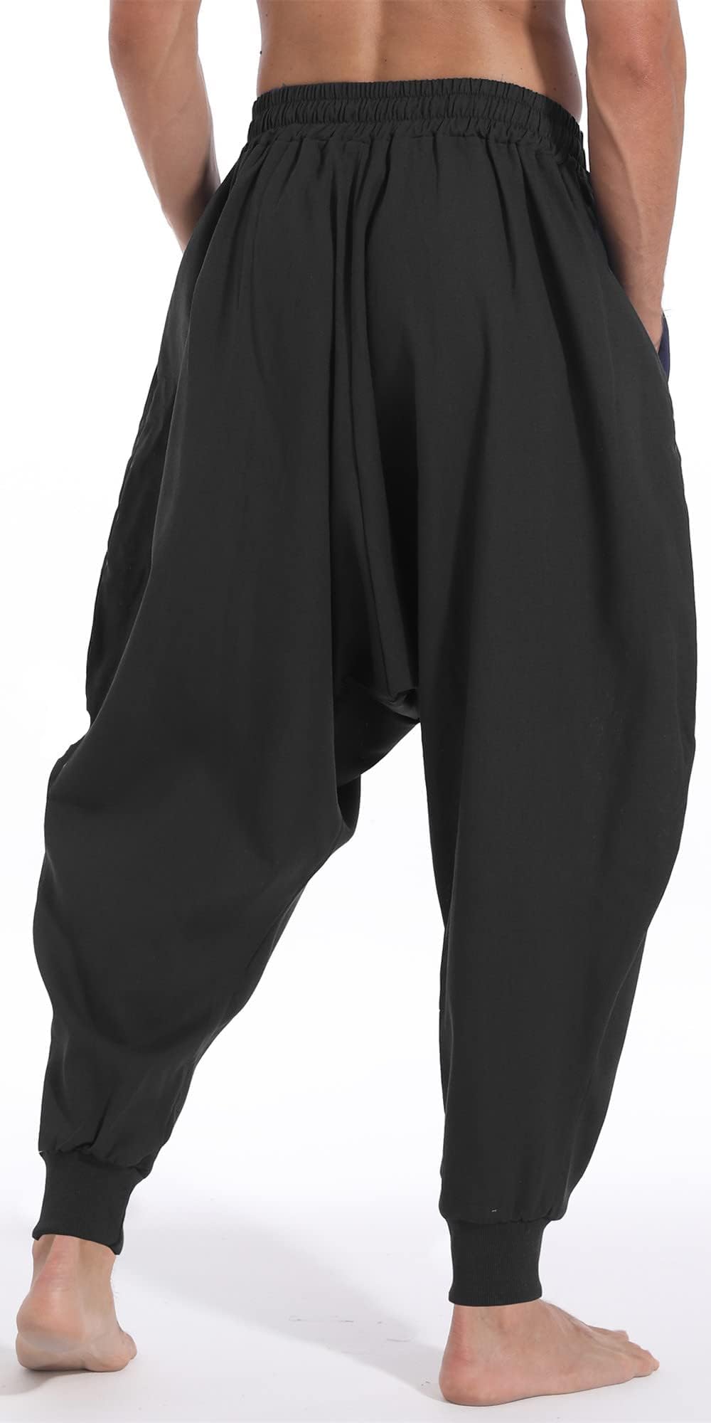 AITFINEISM, Pantaloni harem da uomo, comodi, con vita elasticizzata, alla moda, in tinta unita, casual, in stile hippie, per yoga