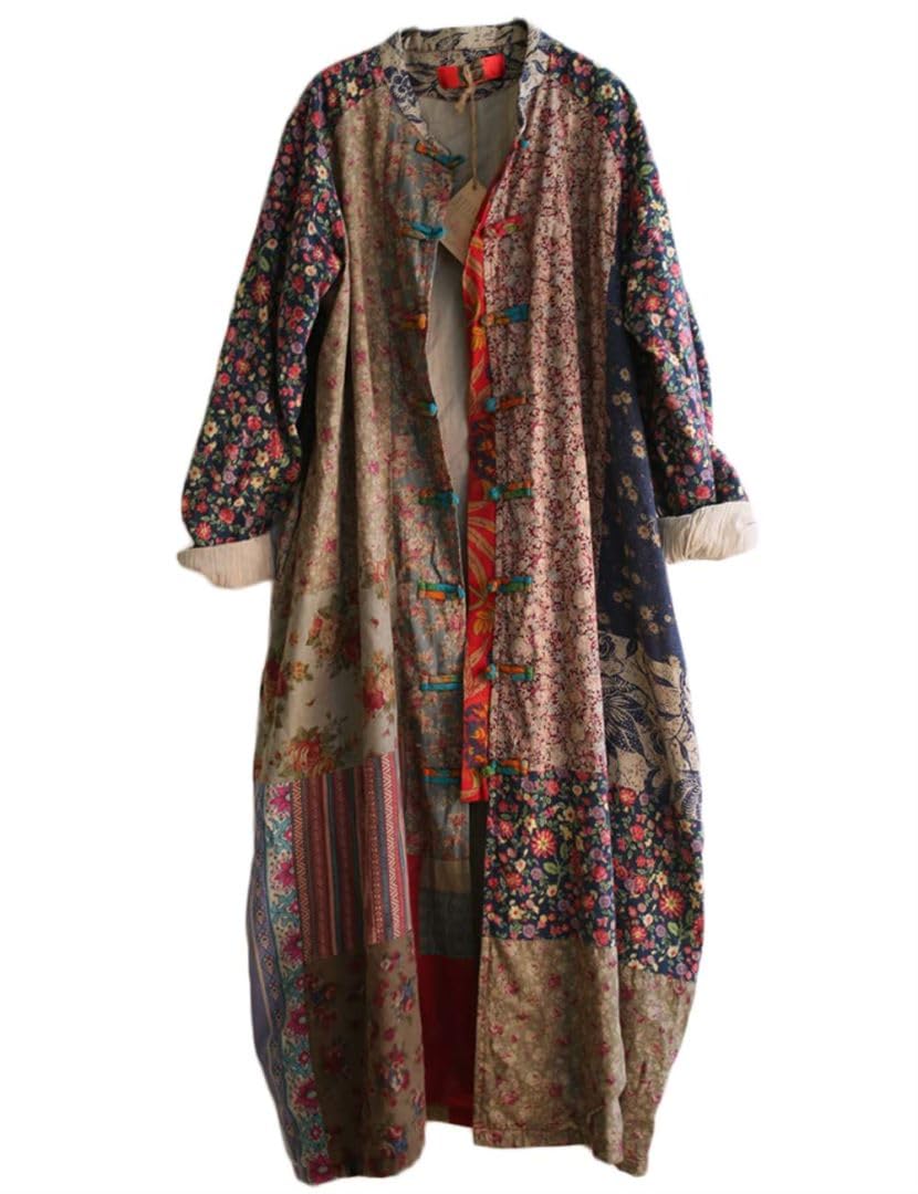 Women's Trench Coat Cotton Linen Floral Print Jacket Chinese Style Patchwork Outwear-image-31