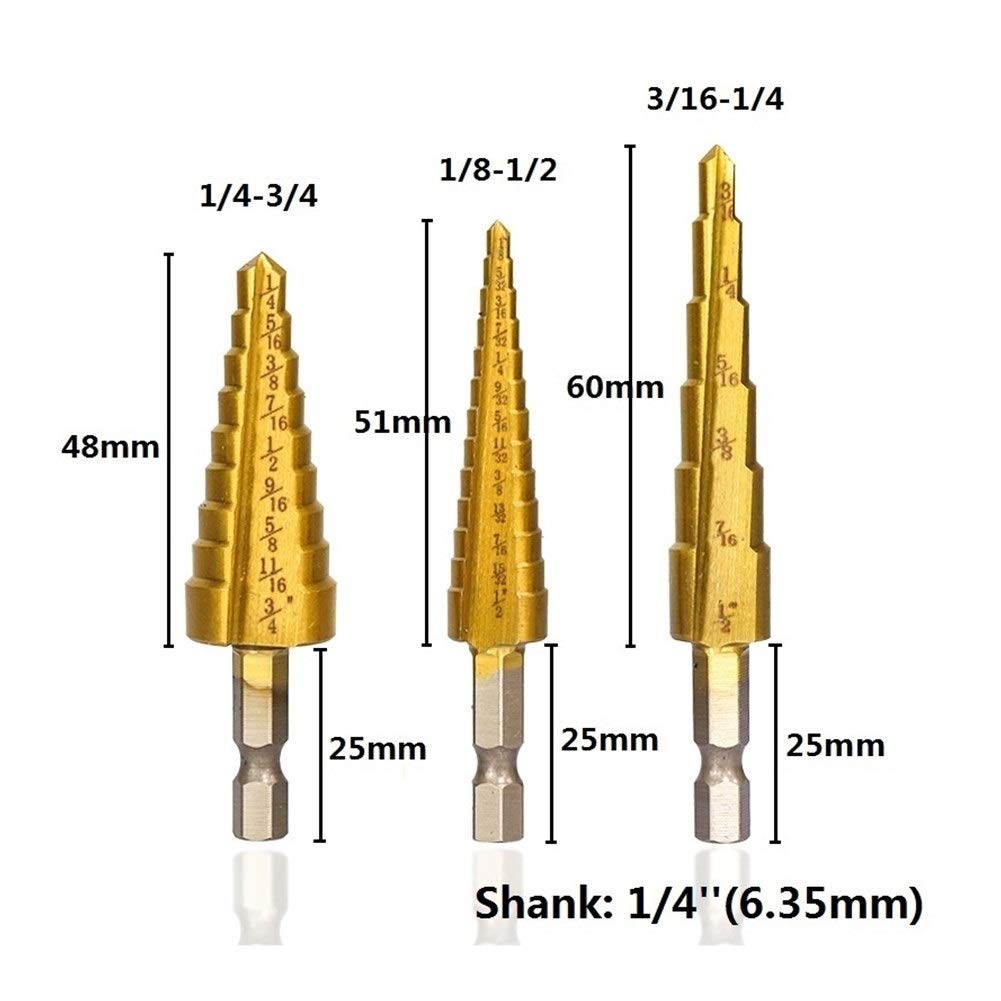 Wiertła stopniowe 1/8 "-3/4" Calowe wiertło stopniowe Wiertło HSS ne pokryte tytanem Wiertło do otworów w drewnie/metalu Wiertło stopniowe (kolor: okrągły zestaw z torbą) (zestaw sześciokątny z torb