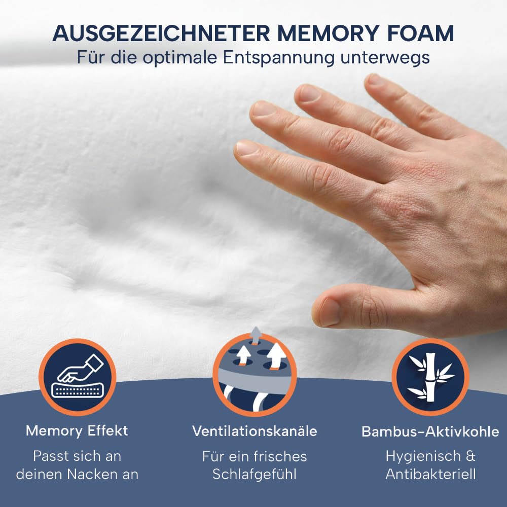 Reisekissen Memory Foam, kleines ergonomisches Reise Nackenkissen 40x25x10 | Kleines Kopfkissen für Reisen im Flugzeug, Auto, Zug, Hotel & Camping, Reisekissen Nackenstütze, aufrollbar, orthopädisch