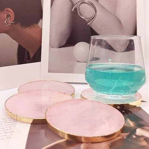 Miniatura 4 de Posavasos decorativos de cuarzo rosa, posavasos redondos de cristal rosa natural, borde dorado, juego de 4 (redondo de 3.5 a 4)