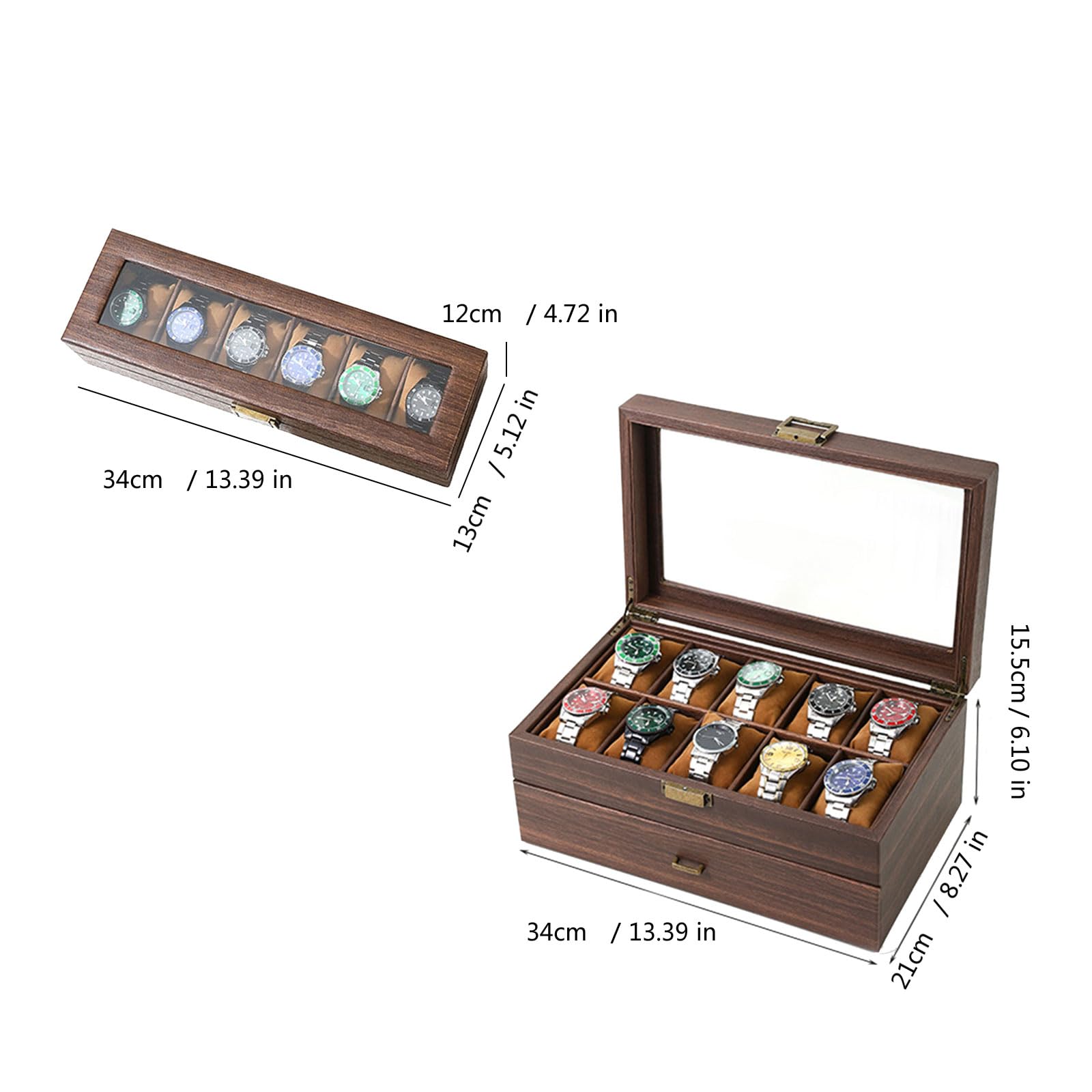 Elegante caja de reloj de grano de madera, práctico soporte múltiple para relojes con tapa de cristal y cajón de almacenamiento para hombres
