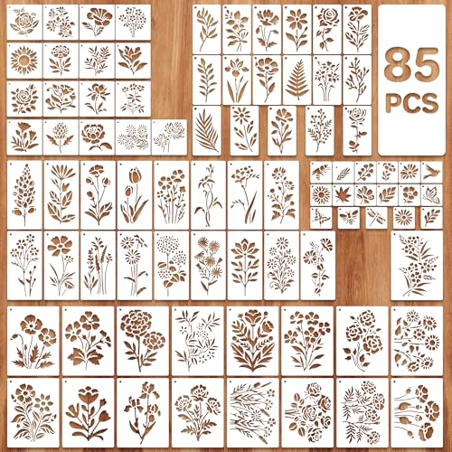 85Pcs Flower Stencils for Painting Floral Stencils for Crafts Reusable 5Sizes Large Small Flowers Stencil for Art Projects Wildflower Stencil Drawing Templates On Journal Scrapbook(Flower Plants)
